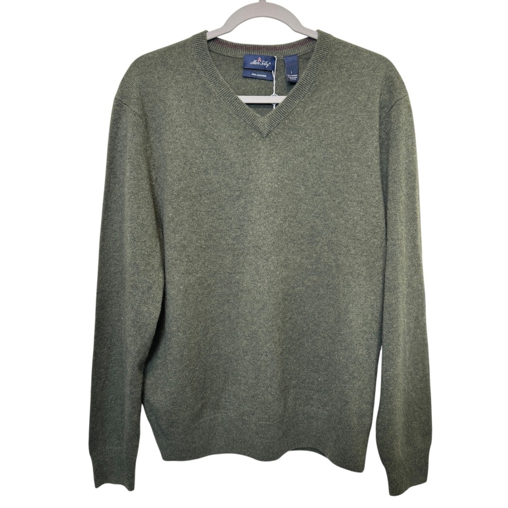 Allen Solly Mens V-Neck Sweater L Green 100% Cashmere Knit Quiet Luxury Preppy